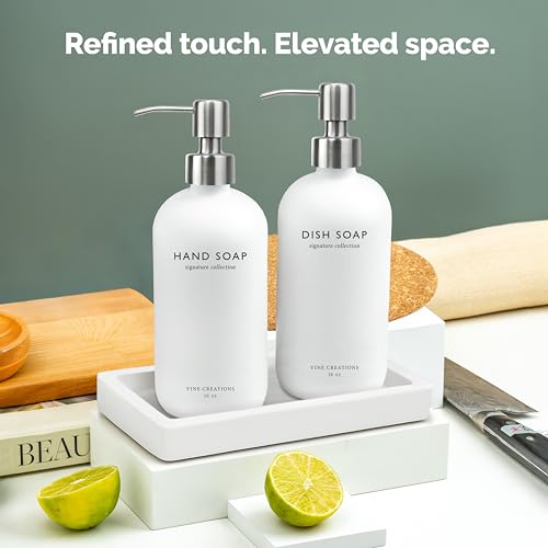 Vine Creations Glass Soap Dispenser Set, Kitchen Soap Dispenser Set with Ceramic Tray, 16 oz Dish Soap and Hand Soap Dispensers with Stainless Steel Pump Decor (White Bottle/Silver) - color: White Bottle / Silver Pump