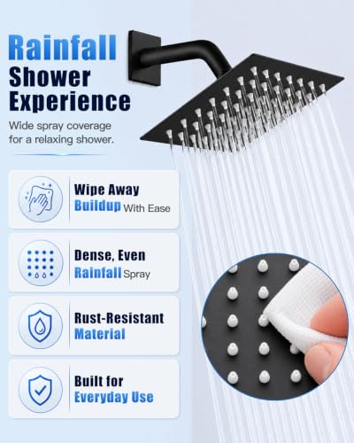 Heyalan 6 Inch Square Rain Shower Faucet Set with Valve, Matte Black | Female-thread 1/2-inch NPT connections, SUS304 shower head, brass rough-in valve, single-handle control Shower Set - color: Black, size: 6 Inch Square Shower Head