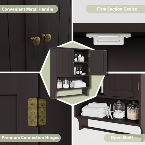 Smuxee Brown Wall Cabinet with Towel Bar - Medicine Cabinet with Adjustable Shelves, Over Toilet Cabinet for Laundry Room Kitchen - color: Brown Big With Towels Bar