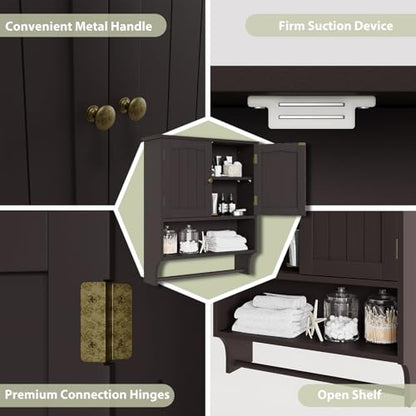 Smuxee Brown Wall Cabinet with Towel Bar - Medicine Cabinet with Adjustable Shelves, Over Toilet Cabinet for Laundry Room Kitchen - color: Brown Big With Towels Bar