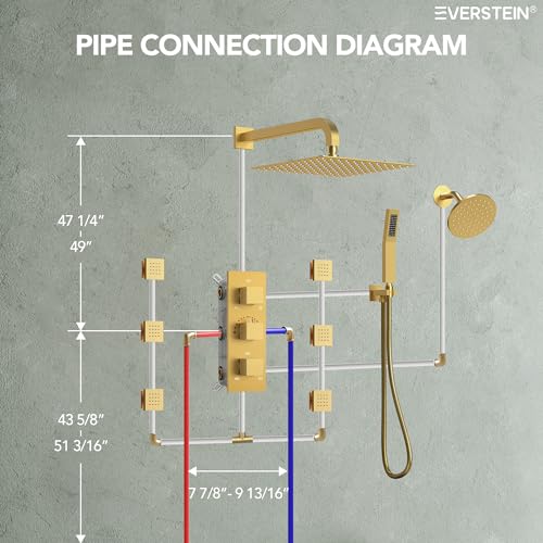 Wall Mount 12" High-Pressure Rainfall Shower Faucet, Dual Rainfall Shower Head System with 6 Body Jets (Brushed Gold) | Wall Mount, High-Pressure, Dual Rainfall Shower Head System, 6 Body Jets - color: Brushed Gold