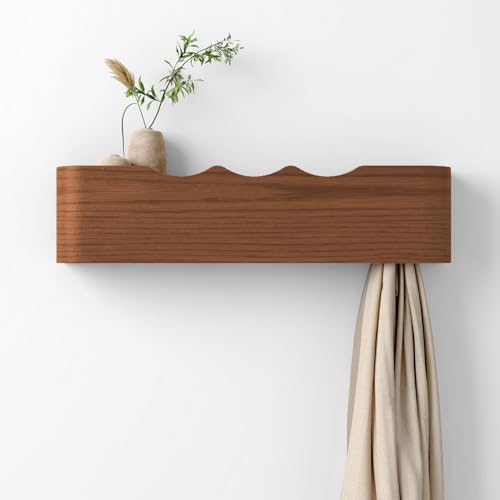 Coat Rack Wall Mount with Hidden Hooks, Wall Hooks with Shelf, Wall Key Holder Mount Wooden Shelf Entryway Hooks for Bedroom Bathroom for Hanging Coats Hats Bags Towels (Walnut Wave-Shape, 4 Hooks) - color: Walnut Wave-Shape, size: 4 Hooks