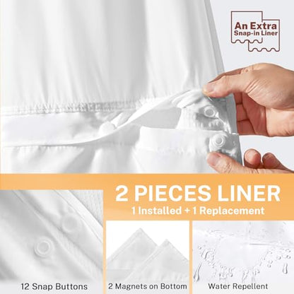 River Dream No Hooks Shower Curtain with 2 Snap in Liner, White, 71Wx74H | Waffle Weave, 1 Attached Snap in Liner and 1 Extra Replacement Liner, Bathroom Curtains Shower Set, Hotel Grade, Spa Like - color: White