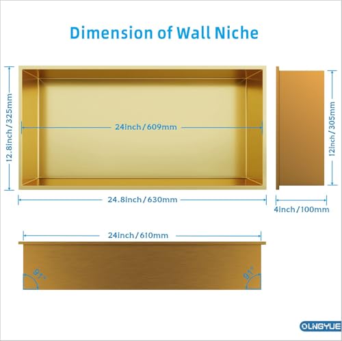 Brushed Gold Shower Niche: No Tile Needed Stainless Steel - 24"x12" Recessed Wall Niches Shelf for Bathroom Kitchen Toilet Storage - color: Brushed Gold