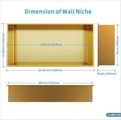 Brushed Gold Shower Niche: No Tile Needed Stainless Steel - 24"x12" Recessed Wall Niches Shelf for Bathroom Kitchen Toilet Storage - color: Brushed Gold