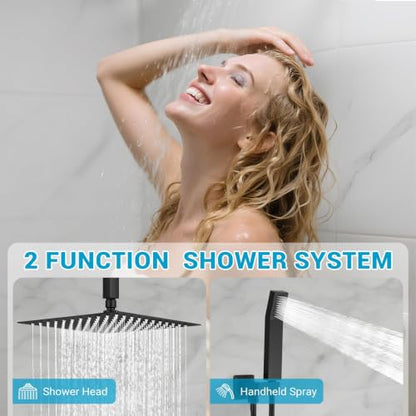10" Square Ceiling Rain Shower Faucet Set,Matte Black | Anti-scald cartridge, air tech boosts pressure 30%, dual spray, NPT 1/2 - color: Matte Black, style: 10''-Ceiling Mount