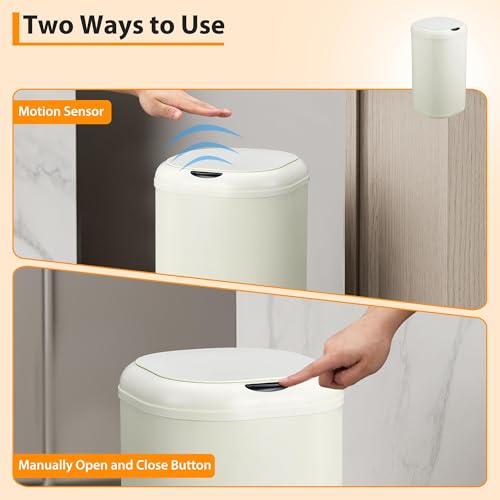 30L (8 Gallon) Beige Stainless Steel Motion Sensor Trash Can - Touchless Automatic Lid, Cylindrical Smart Waste Bin for Kitchen Bathroom Living Room Home Office