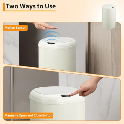 30L (8 Gallon) Beige Stainless Steel Motion Sensor Trash Can - Touchless Automatic Lid, Cylindrical Smart Waste Bin for Kitchen Bathroom Living Room Home Office