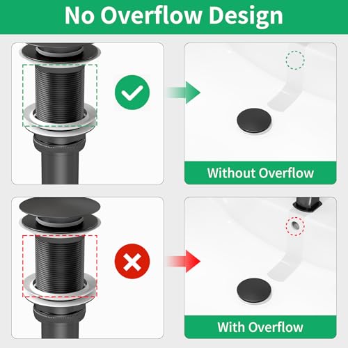 Bathroom Sink Drain Without Overflow, Pop Up Sink Drain, Matte Black | Vessel Sink Drain No Overflow, All Metal Stainless Steel Pop Up Bathroom Sink Stopper, Lavatory Vanity Sink Drain Assembly