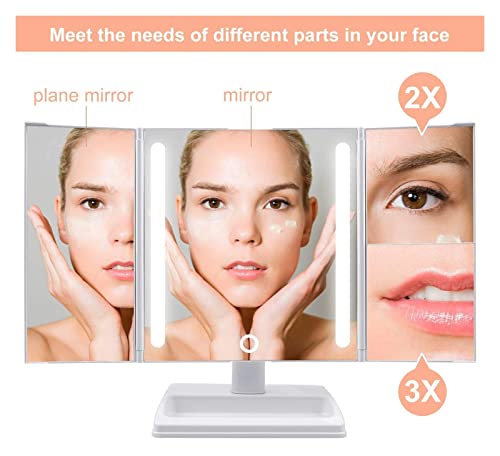 Foldable Makeup Mirror, Vanity with 32 Dimmable LED Lights with Wide-Angle t-Button Screen and Countertop Adjustable