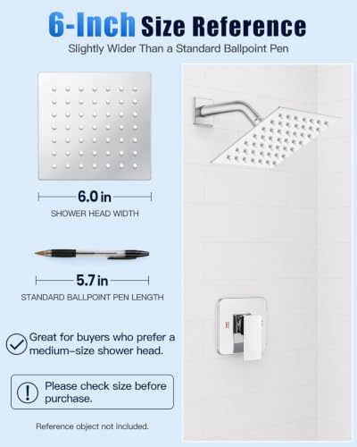 Heyalan 6 Inch Square Rain Shower Faucet Set with Valve, Polished Chrome | Female-thread 1/2-inch NPT connections, SUS304 shower head, brass rough-in valve, single-handle control Shower Set - color: Chrome, size: 6 Inch Square Shower Head