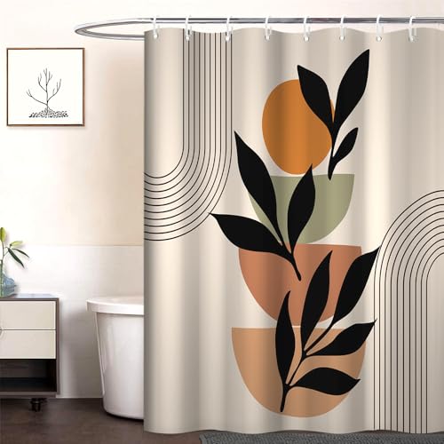 Boho Beige Shower Curtain for Bathroom 72x72 Inch | Waterproof Abstract Black Arch and Leaves Shower Curtain Set with Hooks, Mid Century Bathroom Decor - color: Abstract 038, size: 72"W x 72"L (Pack of 1)