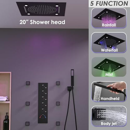 Enga Full Body LED Thermostatic Shower System with Body Jets, 20-Inch 3 Function Shower Head (Rainfall & Mist & Waterfall), Luxury Multi Function Rain Shower Faucet Set, Matte Black - color: Matte Black, style: 20" Head (Rain + Mist+Waterfall) - Jets