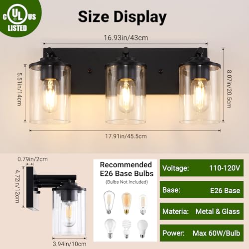 3-Light Bathroom Light Fixtures, Matte Black Bathroom Vanity Lighting Over Mirror with Clear Glass Shades, Modern Vanity Lights for Bath Wall Sconces Lamp for Powder Room, Bedroom, Hallway - size: 3-Light