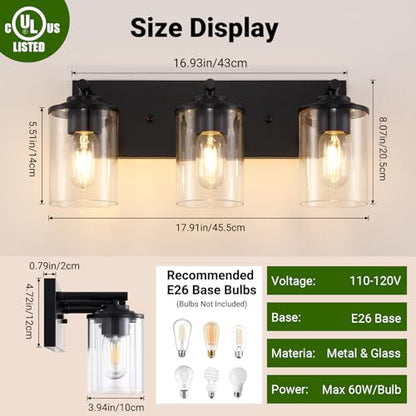 3-Light Bathroom Light Fixtures, Matte Black Bathroom Vanity Lighting Over Mirror with Clear Glass Shades, Modern Vanity Lights for Bath Wall Sconces Lamp for Powder Room, Bedroom, Hallway - size: 3-Light