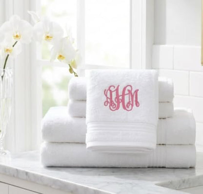 Personalized Monogrammed Bath Towel Set, 100% Cotton, Custom Embroidered Initials, Hotel Style, White Navy Grey Beige - color: White