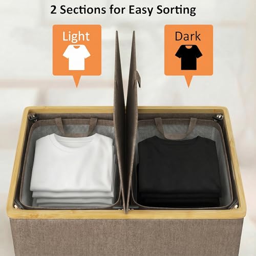 efluky Laundry Hamper with Lid, Double Laundry Basket with 2 Removable Bags, 2 Section Laundry Bin with Bamboo Handles for Bathroom, Bedroom & Laundry Room, 140L (36.9 Gallon) Brown - color: Brown, size: 140L Dual