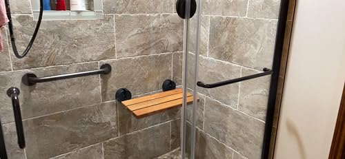 20" Luxury Teak Folding Shower Seat, Sturdy 400lb Capacity, Space-Saving Fold Down/Up Shower Bench Wall Mount, Easy Install, Matte Black Fitting - size: Matte Black Fitting