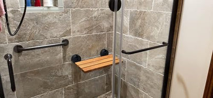 20" Luxury Teak Folding Shower Seat, Sturdy 400lb Capacity, Space-Saving Fold Down/Up Shower Bench Wall Mount, Easy Install, Matte Black Fitting - size: Matte Black Fitting