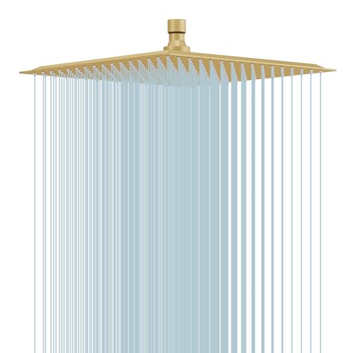 12 In Rain Shower Head High Pressure Rainfall Shower Head Brushed Gold | Square Rain Bathroom Showerhead, High Flow, Large Stainless Steel, Ceiling Mounted, Wall Mounted, Waterfall Full Body - color: Brushed Gold, size: 12 Inch