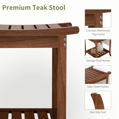 Teak Shower Benches for Inside Shower – Waterproof Wood Shower Stool with Storage Shelf, Non-Slip Spa Bathroom Seat Chair for Adults & Seniors, Ideal for Relaxing and Home Use