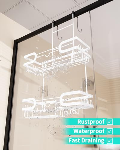 HapiRm Shower Caddy Over Door- Hanging Shower Organizer with 14 Hooks and Soap Holder, Rustproof & Waterproof Stainless Steel Bathroom Shelf - White - color: White
