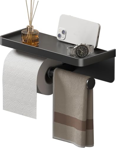 Double Toilet Paper Holder with Shelf, Commercial Toilet Paper Towel Holder Wall Mount, Tissue Roll Holder for Bathroom Kitchen RV, Double Tissue Roll Rack with Adhesive & Screw (Matte Black) - color: Black-twoside