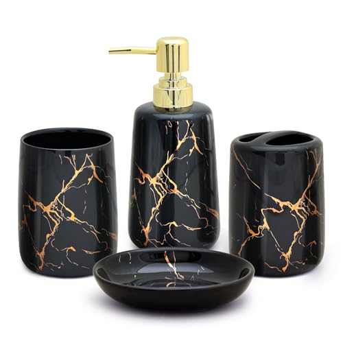 CERBIOR Bathroom Accessories Set,4 Pcs Ceramic Bathroom Accessory,Black | Includes Toothbrush Holder, Toothbrush Cup, Soap Dish for Decorative Countertop and Housewarming Gift - style: Black