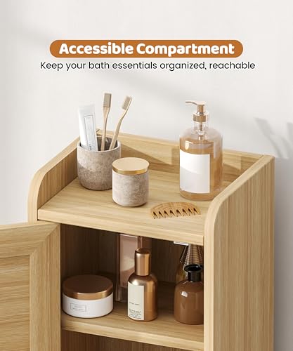 Akxomel 9.8''W Rattan Small Bathroom Storage Cabinet 2 Doors Oak | Small Bathroom Cabinet with Adjustable Shelf, Bathroom Organizer for Small Spaces, Wooden Corner Unit