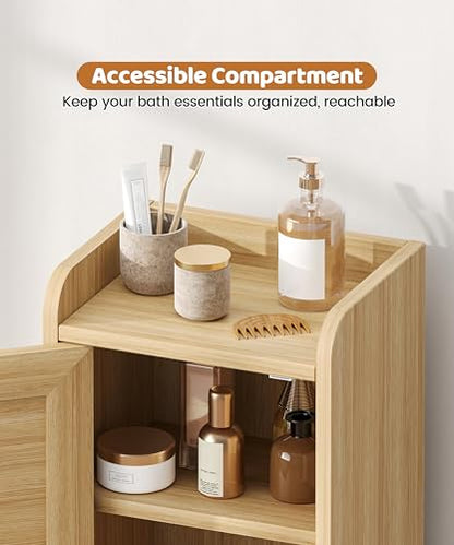 Akxomel 9.8''W Rattan Small Bathroom Storage Cabinet 2 Doors Oak | Small Bathroom Cabinet with Adjustable Shelf, Bathroom Organizer for Small Spaces, Wooden Corner Unit