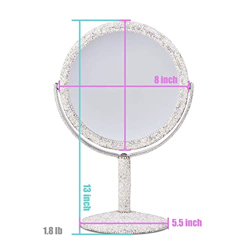 TISHAA Bling Vanity Mirror, Crystal Rhinestone Makeup Mirror, Double Sided with 2X Magnification