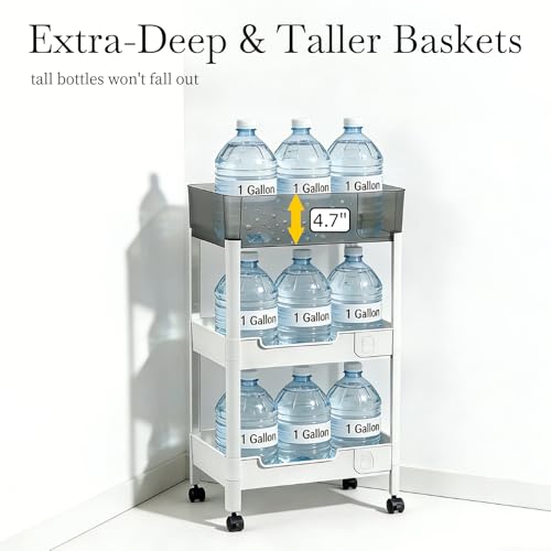 3 Tier Rolling Cart with Wheels 4.7'' Deep Baskets Bathroom Storage Shelf Heavy Duty Plastic Bedside Cart, Large Capacity Snack Stand Diaper Caddy Laundry Room Kitchen Organizer, White - size: 3-tier
