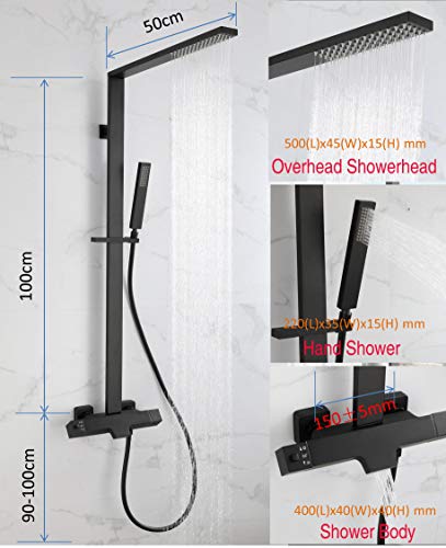 Wall Mounted Contemporary Thermostatic Shower Faucet Set Mixer Bathroom Bathtub Tap Fixtures Rainfall Waterfall Exposed Pipe Shower System with Tub Spout for Shower and Bath 3 Functions Matte Black