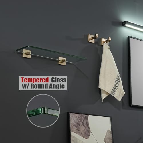 JQK Bathroom Glass Shelf, Floating Tempered Glass Shower Storage 16 by 5 inches, 304 Stainless Steel Champagne Bronze Wall Mount, TGS201L16-CB - color: Champagne Bronze, size: 16 Inch