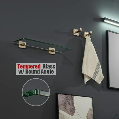 JQK Bathroom Glass Shelf, Floating Tempered Glass Shower Storage 16 by 5 inches, 304 Stainless Steel Champagne Bronze Wall Mount, TGS201L16-CB - color: Champagne Bronze, size: 16 Inch