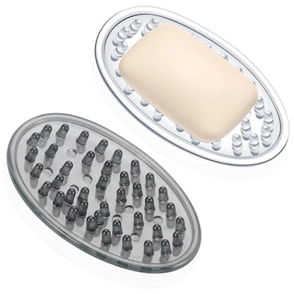 2 Pcs Plastic Soap Holder Soap Dish Bar Saver Tray with Holes Sponge Holder for Kitchen Bathroom Shower Counter, 4.5 x 3 x 0.7 Inches (Clear,Light Gray) - color: Clear, Light Gray