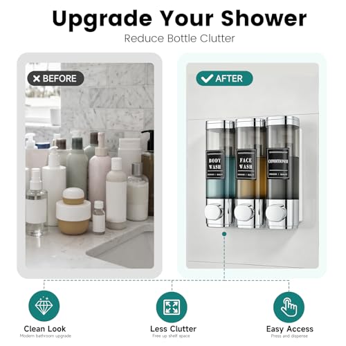 Shampoo and Conditioner Dispenser,Shower Soap Dispenser 3 Chamber No Drill | Wall-Mounted Shampoo Dispenser for Shower Wall Mounted Shower Dispenser for Bathroom Hotel Large Capacity, Chrome - color: 3chrome