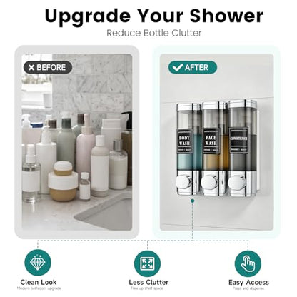 Shampoo and Conditioner Dispenser,Shower Soap Dispenser 3 Chamber No Drill | Wall-Mounted Shampoo Dispenser for Shower Wall Mounted Shower Dispenser for Bathroom Hotel Large Capacity, Chrome - color: 3chrome