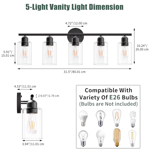 Bathroom Vanity Light Fixtures Matte Black Bathroom Lighting Fixture, 5 Lights Bathroom Light Fixture Over Mirror, Modern Black Vanity Light, Wall Sconces with Glass Shades - color: Matte Black, size: 5 Lights