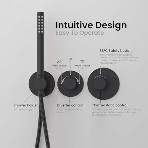 Circular Matte Black Thermostatic Shower System – Rainfall & Handheld Shower Head Set | 2-Function Shower Faucet Set with Rough-In Valve | Solid Brass Build & Temperature Control (KSF410MB) - color: Matte Black