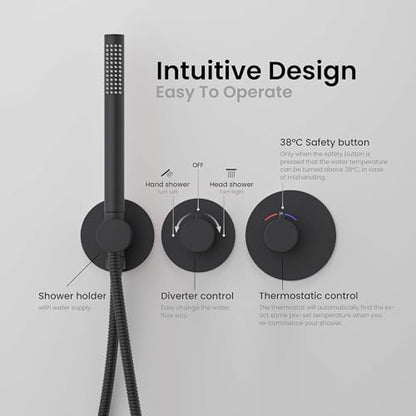 Circular Matte Black Thermostatic Shower System – Rainfall & Handheld Shower Head Set | 2-Function Shower Faucet Set with Rough-In Valve | Solid Brass Build & Temperature Control (KSF410MB) - color: Matte Black