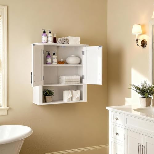 JupiterForce Bathroom Wall Cabinet Over The Toilet with 2 Doors and 3 Adjustable Shelves, Wall Mounted Bathroom Storage Medicine Cabinet for Bathroom, Living Room, Kitchen, White