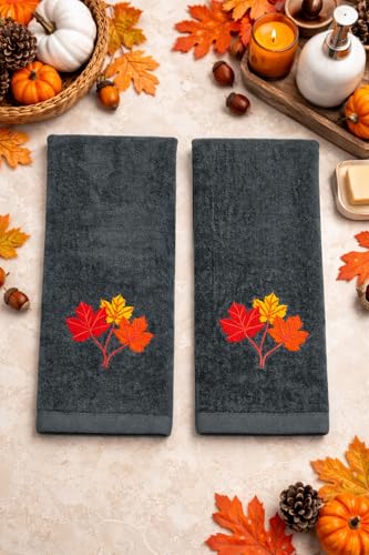 Serfina Home Harvest Fall Hand Guest Towels for Bathroom, Embroidered Grey Gray Autumn Leaf Design, 100% Cotton, 16" x 25" Inches, 2 Pc Set - color: Autumn Leaf Grey