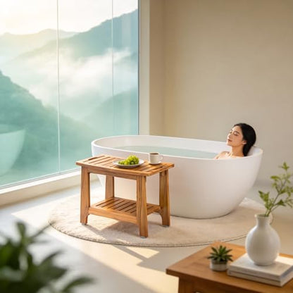 NNN 24" Home Teak Shower Bench with Japan-Made Non-Slip Leveling Feet | US Patented Design, Marine-Grade Hardware, Pre-Oiled European Teak Oil, Ready, 300lb, for Showers Spa Sauna & Outdoor Pools - size: 24"W x 13" Dx 18"H