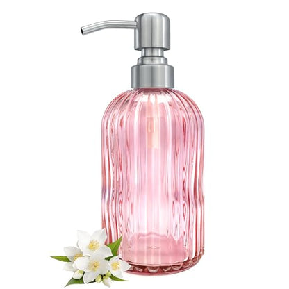 16 OZ Pink Glass Soap Dispenser Glass Soap Dispenser,Clear Pink Stripe Bathroom Hand Soap Dispensers with Stainless Steel Pump, Pink Kitchen Hand Soap Dispenser with Brushed Nickel Pump - color: Pink+brushed Nickel Pump, size: 1-Pack