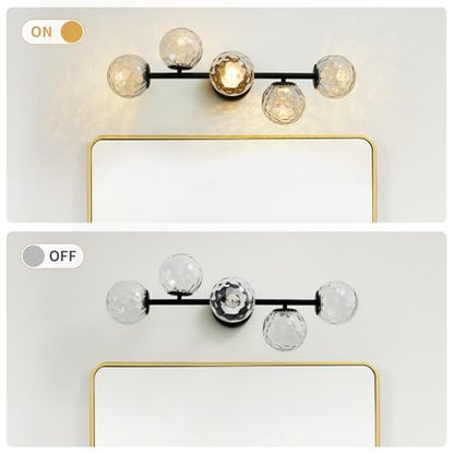 LED Bathroom Vanity Light Fixtures,Modern Black Makeup Bathroom Lighting | 5 Lights Hammered Clear Globe Glass Wall Sconce,Dimmable Mid Century Modern Bubble Glass Bathroom Vanity Lights over Mirror - color: Black Hammered Glass, size: Integrated LED