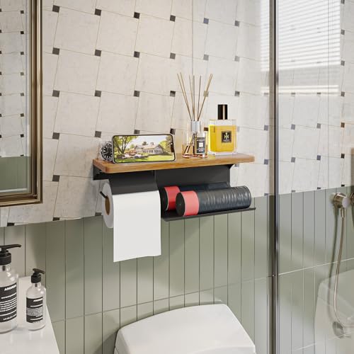 Double Toilet Paper Holder with Wide Solid Wood Shelf | 16" x 5.31" Double Roll Holder Fits Phone & Large Wipes Storage | Rust-Resistant for Rustic Farmhouse Bathrooms Organizer - color: Black