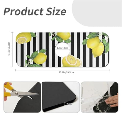 Kitchen Sink Splash Guard，Lemon-and stripes Faucet Mat Sink Gadgets-Super Absorbent Fast Drying Mat Drip Catcher for Kitchen, Bathroom,Sink Mat, Dish Drying Mat, Bathroom(15" X 5.5" ) - color: Lemon-and stripes