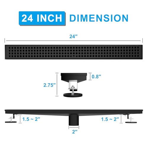 24 Inch Black Linear Shower Drain, Rectangular Shower Floor Drains with Square Hole Cover, 304 Stainless Steel Linear Drain with Leveling Feet, Hair Strainer (Matte Black) - size: 24 Inch