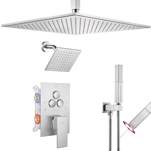 VANFOXLE Shower System, Brushed Nickel Shower Faucet Set, Push Button Valve | 16 Inch Ceiling Mount Rain Head, 6 Inch Wall Mount Head, 2-in-1 Handheld Sprayer, Solid Brass Valve, Rust Resistant - color: Brushed Nickel, style: 16"+6" Head